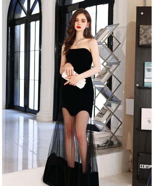 Alternative view of Black Mesh Prom Dress Strapless Sleeveless Long Evening Dress