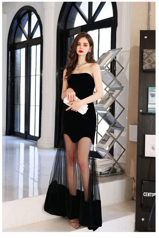 Black Mesh Prom Dress Strapless Sleeveless Long Evening Dress - Image 2