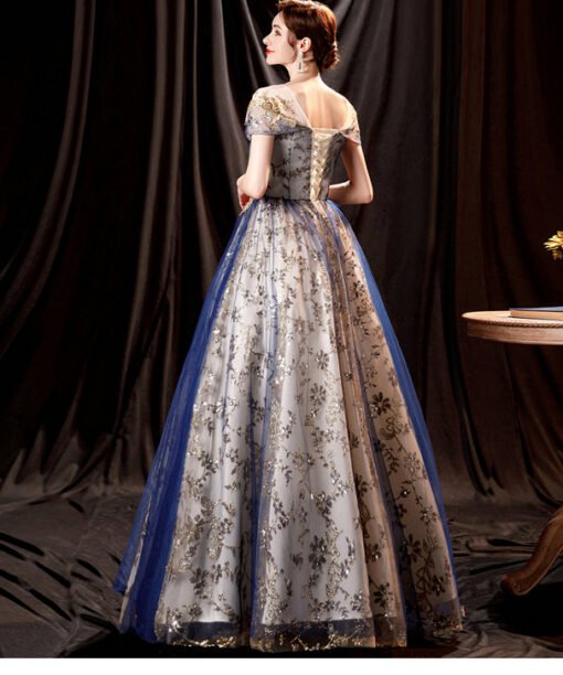 Alternative view of Blue And Gold Prom Dress A Line Bling Formal Dress