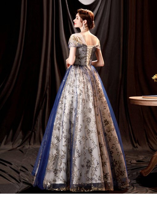 Blue And Gold Prom Dress A Line Bling Formal Dress - Image 2