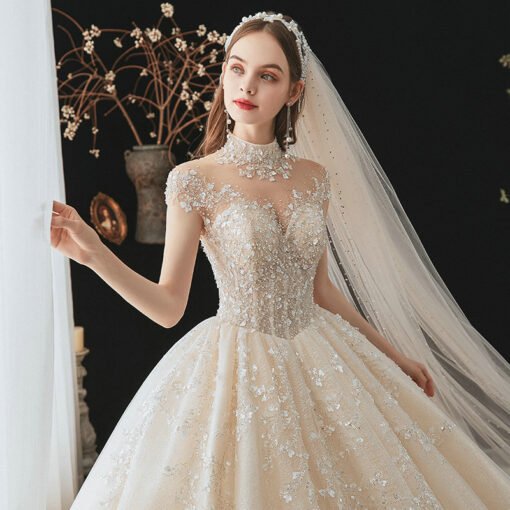 Champagne Wedding Dress High Neck Ball Gown Cap Sleeve With Train - Image 3