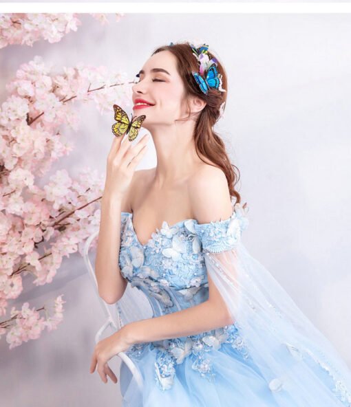 Light Blue Prom Dresses 2022 Flowers Off The Shoulder With Cape - Image 6