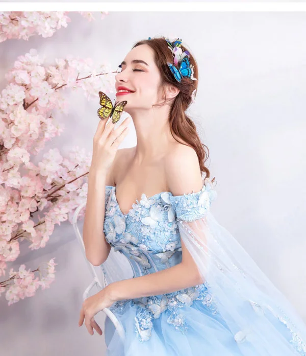 Light Blue Prom Dresses 2022 Flowers Off The Shoulder With Cape - Image 6
