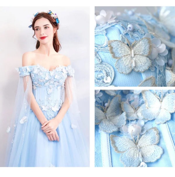 Light Blue Prom Dresses 2022 Flowers Off The Shoulder With Cape - Image 8
