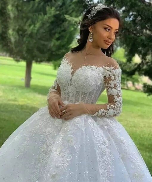 long sleeve lace ball gown wedding dress 1413-001