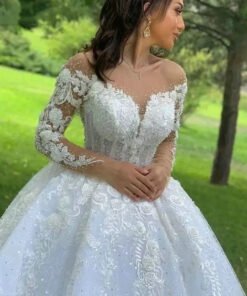 long sleeve lace ball gown wedding dress 1413-003