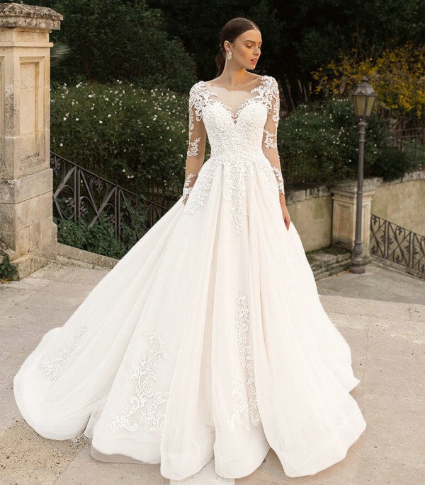 Long Sleeve Lace Wedding Dress A Line Button Back With Train - Image 5