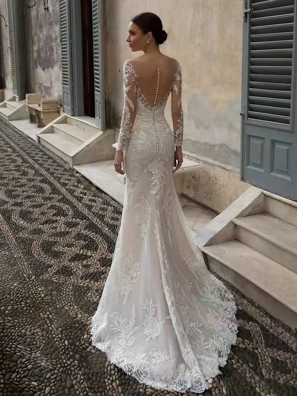 Mermaid Wedding Dress With Sleeves Lace Bridal Dress 2022