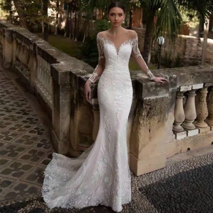 mermaid wedding dress with sleeves 1411-003