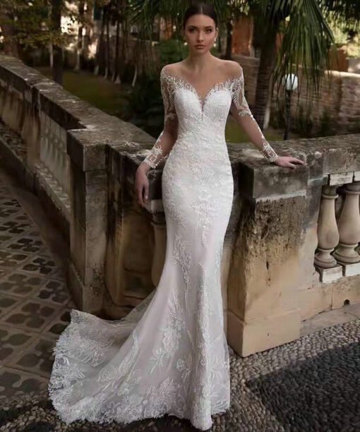 mermaid wedding dress with sleeves 1411-003