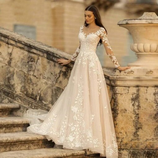 long sleeve a line wedding dress 1448-001