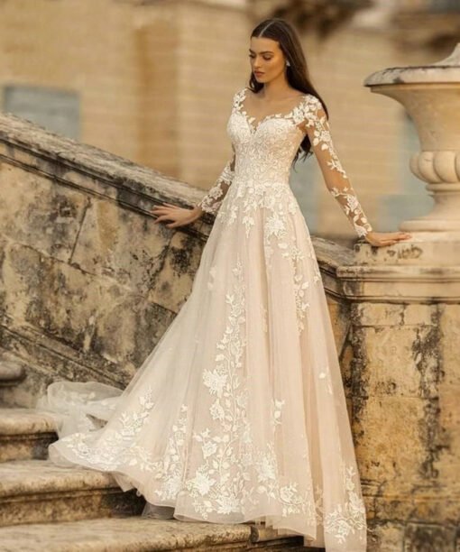 long sleeve a line wedding dress 1448-001
