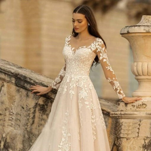 long sleeve a line wedding dress 1448-002