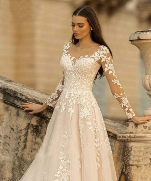long sleeve a line wedding dress 1448-002