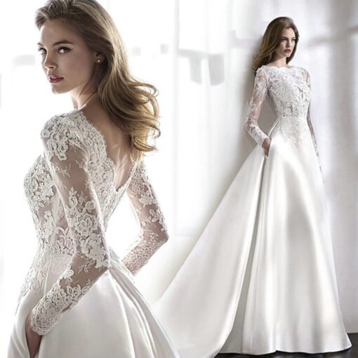 satin wedding dress with sleeves 1171-001