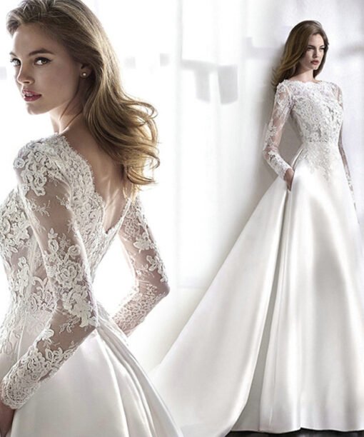 satin wedding dress with sleeves 1171-001