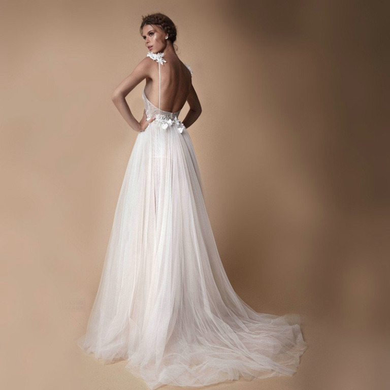 High Slit Wedding Dress V Neck A Line Backless Bridal Dress