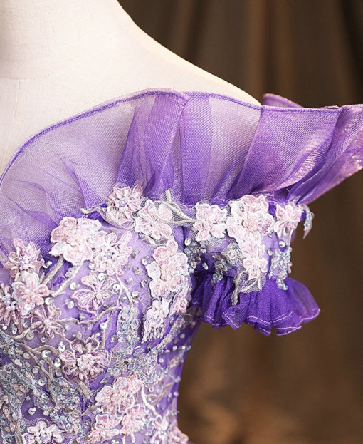 Off Shoulder Sleeveless Gold Flower Appliques Purple Quinceanera Dress for Sweet 16 WQ1293