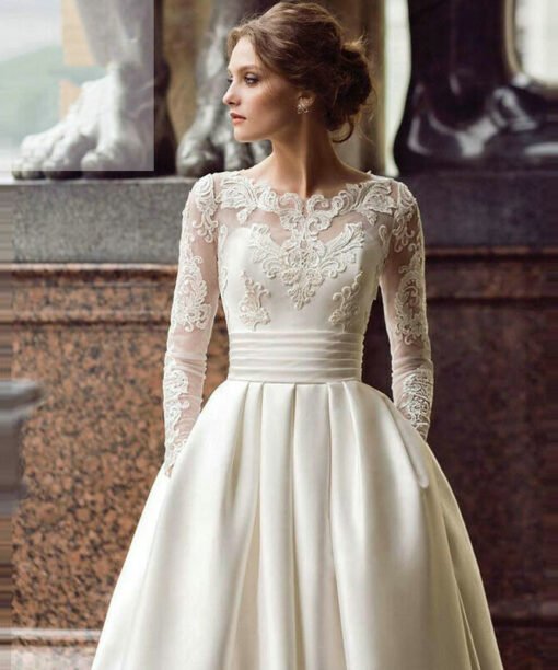 satin wedding dress with lace 1485-003