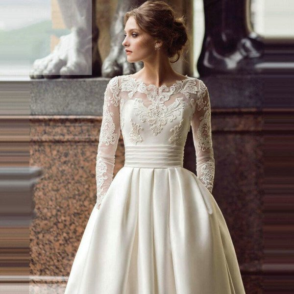 satin wedding dress with lace 1485-003