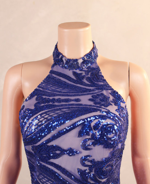Elegant Blue Halter V-Neck Chiffon Evening Dress Formal Wedding Guest Dress SP395