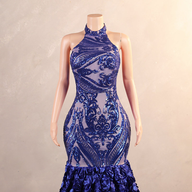 Elegant Blue Halter Embroidered Beaded Satin Pleated Mermaid Party Dress Long Birthday Evening Dress