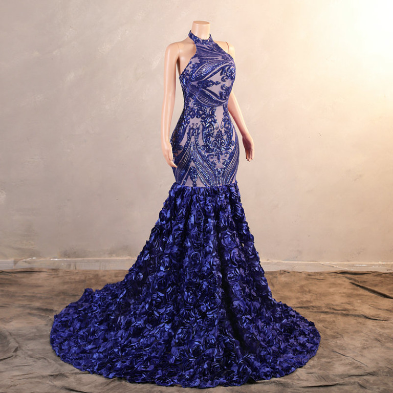 Elegant Blue Halter V Neck Chiffon Pleated Mermaid Evening Dress Long Wedding Guest Dress