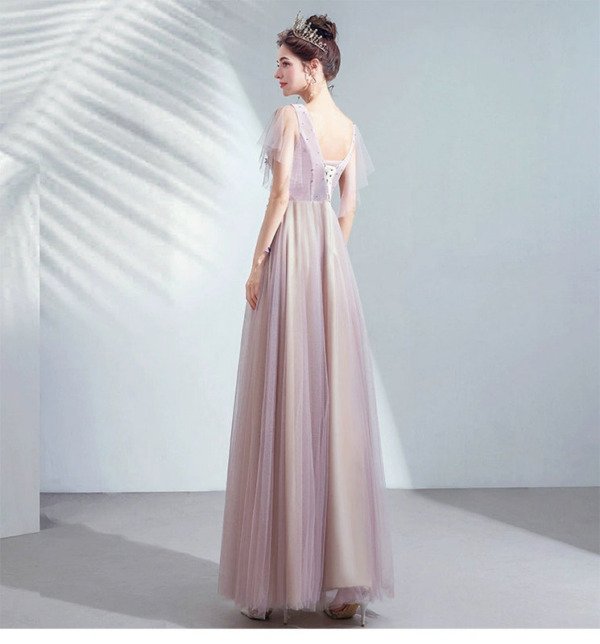 V Neck Light Purple Prom Dress With Flowers - Image 6