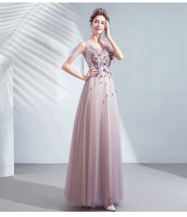 V Neck Light Purple Prom Dress With Flowers - Image 5