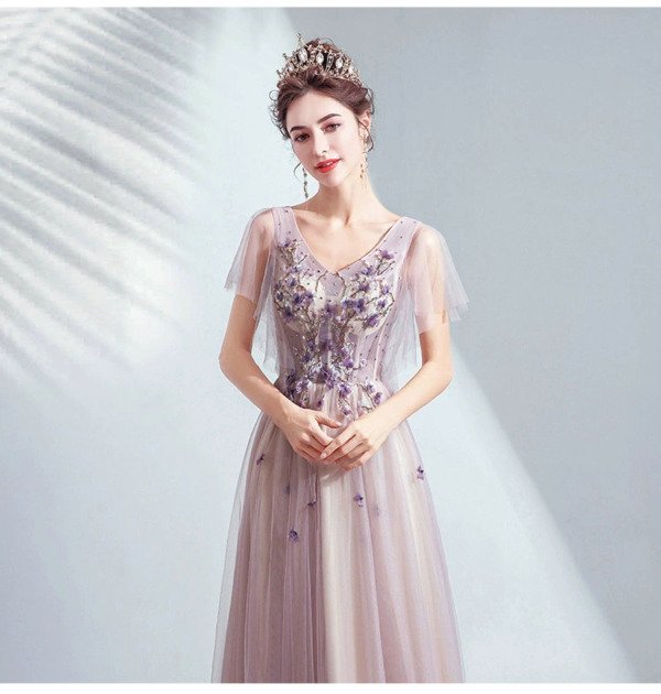 V Neck Light Purple Prom Dress With Flowers - Image 4