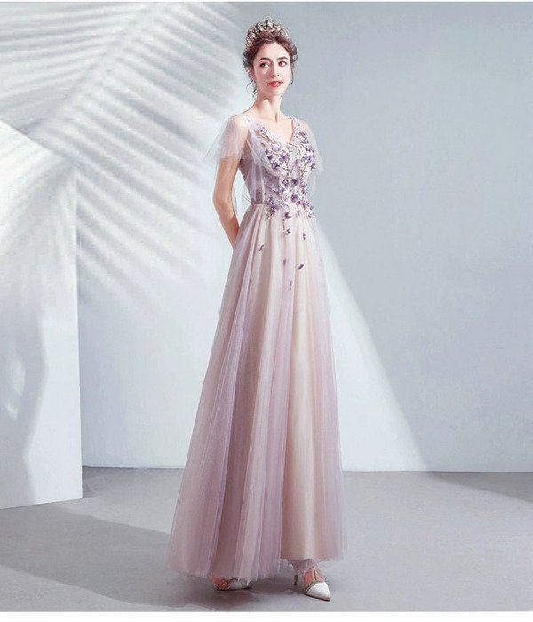 V Neck Light Purple Prom Dress With Flowers - Image 3