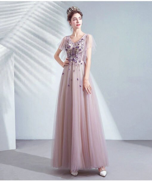 V neck light purple prom dress 150706