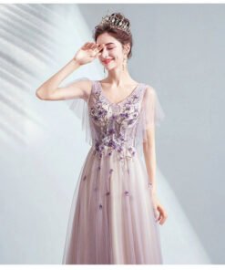 V neck light purple prom dress 150707