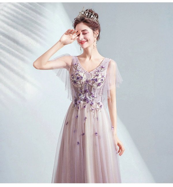 V neck light purple prom dress 150707