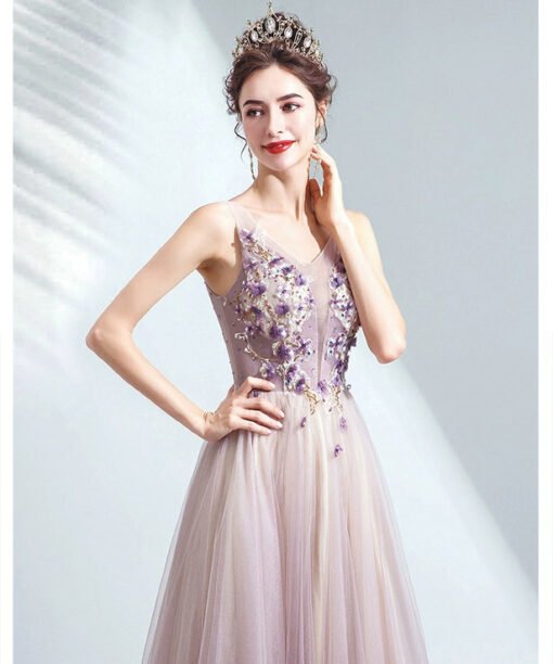 purple prom dress with flowers 1508-01