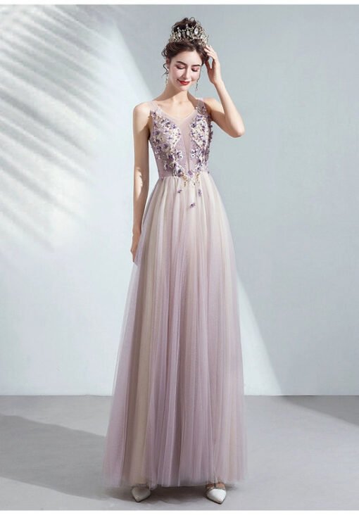 Purple Prom Dress With Flowers Floor Length Lace UP - Image 8