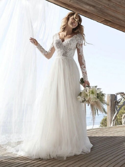 long sleeve a line wedding dress 1510-002