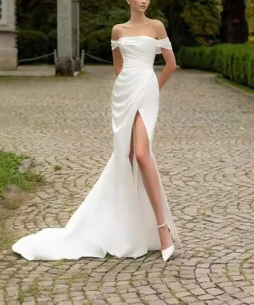satin high slit wedding dress 1515-001