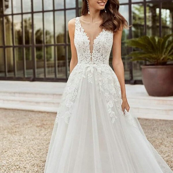 strap v neck wedding dress 1521-001