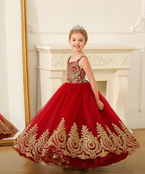red and gold flower girl dresses 1559-001