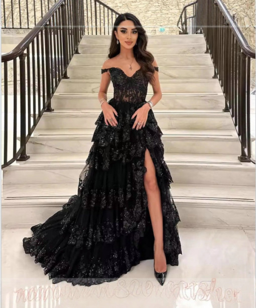 black layered prom dress 1576-001