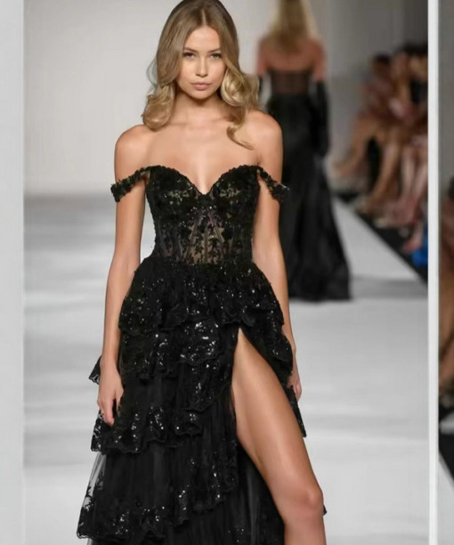 black layered prom dress 1576-002